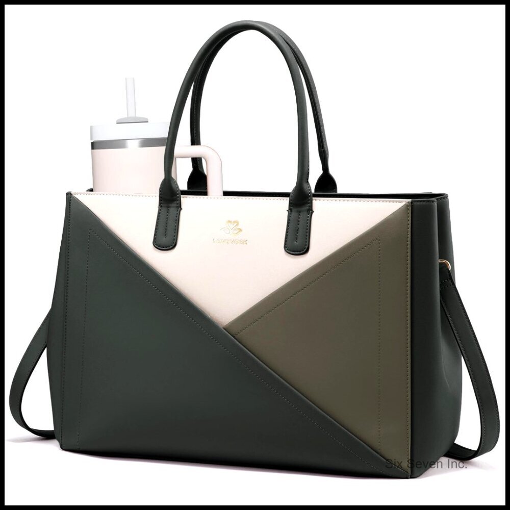 PU Leather Laptop Tote Bag Large Cup Holder Waterproof Work Bag Teacher Tote
